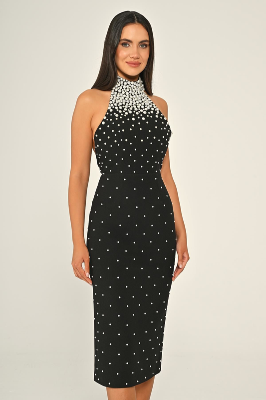 Halter Yaka Boncuklu Krep Midi Abiye Elbise Alfa Beta B7028